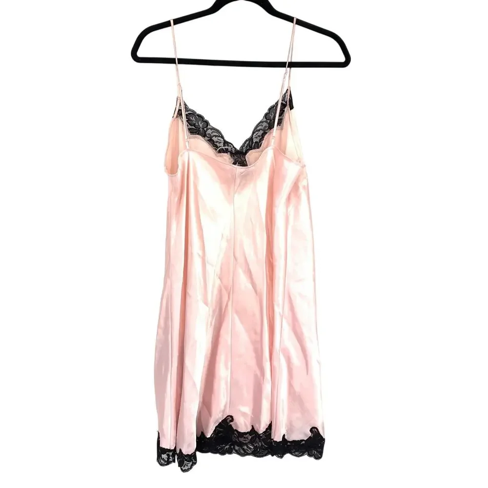 Victorias Secret Slip Nightgown Dress Womens Size XL Pink Satin Black Lace